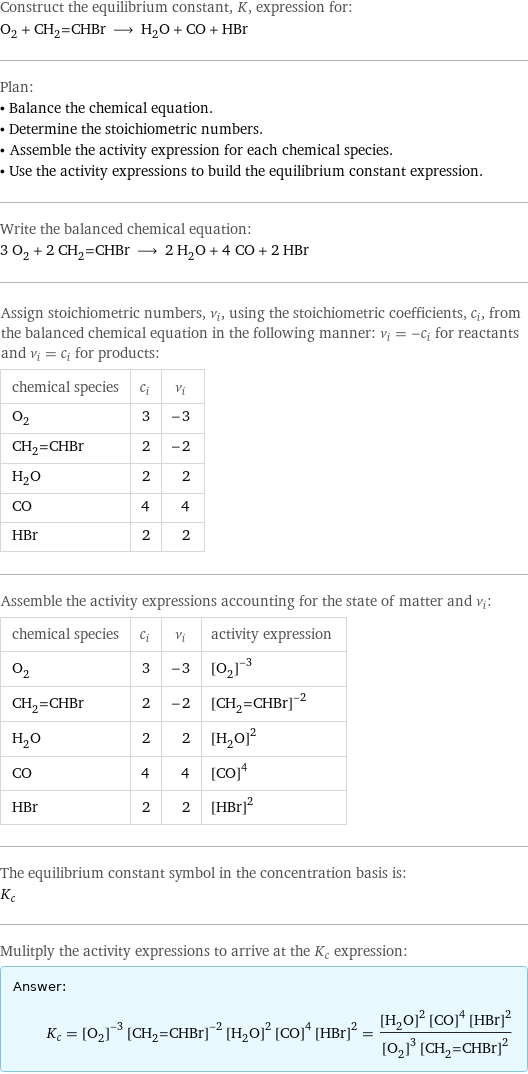 Construct the equilibrium constant, K, expression for: O_2 + CH_2=CHBr ⟶ H_2O + CO + HBr Plan: • Balance the chemical equation. • Determine the stoichiometric numbers. • Assemble the activity expression for each chemical species. • Use the activity expressions to build the equilibrium constant expression. Write the balanced chemical equation: 3 O_2 + 2 CH_2=CHBr ⟶ 2 H_2O + 4 CO + 2 HBr Assign stoichiometric numbers, ν_i, using the stoichiometric coefficients, c_i, from the balanced chemical equation in the following manner: ν_i = -c_i for reactants and ν_i = c_i for products: chemical species | c_i | ν_i O_2 | 3 | -3 CH_2=CHBr | 2 | -2 H_2O | 2 | 2 CO | 4 | 4 HBr | 2 | 2 Assemble the activity expressions accounting for the state of matter and ν_i: chemical species | c_i | ν_i | activity expression O_2 | 3 | -3 | ([O2])^(-3) CH_2=CHBr | 2 | -2 | ([CH2=CHBr])^(-2) H_2O | 2 | 2 | ([H2O])^2 CO | 4 | 4 | ([CO])^4 HBr | 2 | 2 | ([HBr])^2 The equilibrium constant symbol in the concentration basis is: K_c Mulitply the activity expressions to arrive at the K_c expression: Answer: |   | K_c = ([O2])^(-3) ([CH2=CHBr])^(-2) ([H2O])^2 ([CO])^4 ([HBr])^2 = (([H2O])^2 ([CO])^4 ([HBr])^2)/(([O2])^3 ([CH2=CHBr])^2)