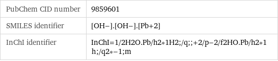 PubChem CID number | 9859601 SMILES identifier | [OH-].[OH-].[Pb+2] InChI identifier | InChI=1/2H2O.Pb/h2*1H2;/q;;+2/p-2/f2HO.Pb/h2*1h;/q2*-1;m