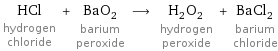 HCl hydrogen chloride + BaO_2 barium peroxide ⟶ H_2O_2 hydrogen peroxide + BaCl_2 barium chloride