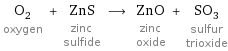 O_2 oxygen + ZnS zinc sulfide ⟶ ZnO zinc oxide + SO_3 sulfur trioxide