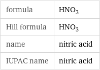 formula | HNO_3 Hill formula | HNO_3 name | nitric acid IUPAC name | nitric acid