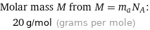 Molar mass M from M = m_aN_A:  | 20 g/mol (grams per mole)