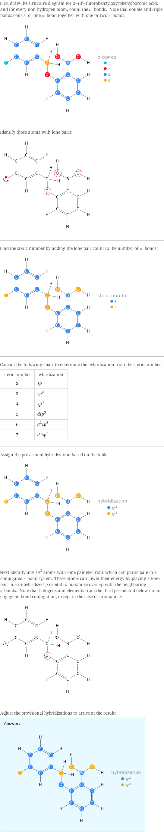 First draw the structure diagram for 2-(3'-fluorobenzyloxy)phenylboronic acid, and for every non-hydrogen atom, count the σ-bonds. Note that double and triple bonds consist of one σ-bond together with one or two π-bonds:  Identify those atoms with lone pairs:  Find the steric number by adding the lone pair count to the number of σ-bonds:  Consult the following chart to determine the hybridization from the steric number: steric number | hybridization 2 | sp 3 | sp^2 4 | sp^3 5 | dsp^3 6 | d^2sp^3 7 | d^3sp^3 Assign the provisional hybridization based on the table:  Next identify any sp^3 atoms with lone pair electrons which can participate in a conjugated π-bond system. These atoms can lower their energy by placing a lone pair in a unhybridized p orbital to maximize overlap with the neighboring π-bonds. Note that halogens and elements from the third period and below do not engage in bond conjugation, except in the case of aromaticity:  Adjust the provisional hybridizations to arrive at the result: Answer: |   | 