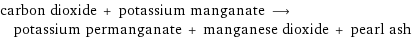 carbon dioxide + potassium manganate ⟶ potassium permanganate + manganese dioxide + pearl ash