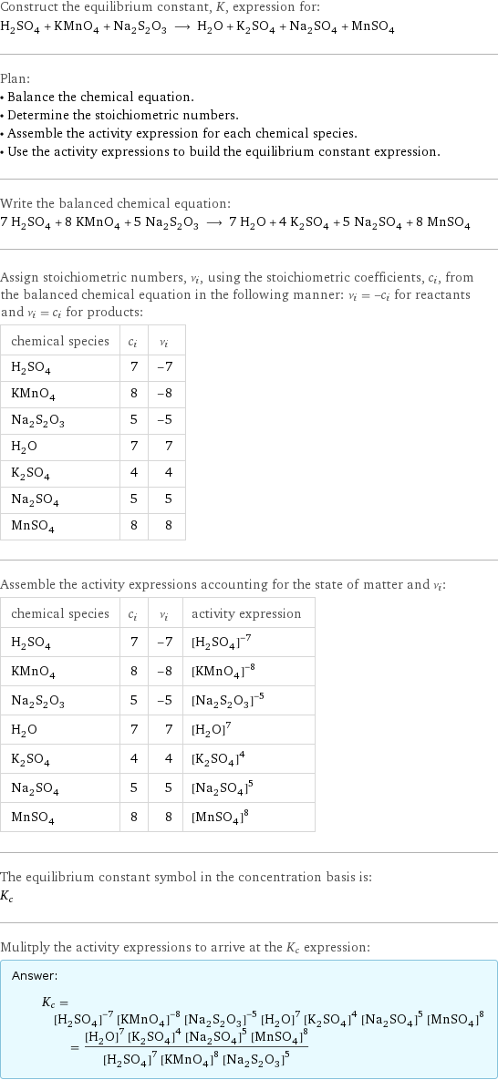 Construct the equilibrium constant, K, expression for: H_2SO_4 + KMnO_4 + Na_2S_2O_3 ⟶ H_2O + K_2SO_4 + Na_2SO_4 + MnSO_4 Plan: • Balance the chemical equation. • Determine the stoichiometric numbers. • Assemble the activity expression for each chemical species. • Use the activity expressions to build the equilibrium constant expression. Write the balanced chemical equation: 7 H_2SO_4 + 8 KMnO_4 + 5 Na_2S_2O_3 ⟶ 7 H_2O + 4 K_2SO_4 + 5 Na_2SO_4 + 8 MnSO_4 Assign stoichiometric numbers, ν_i, using the stoichiometric coefficients, c_i, from the balanced chemical equation in the following manner: ν_i = -c_i for reactants and ν_i = c_i for products: chemical species | c_i | ν_i H_2SO_4 | 7 | -7 KMnO_4 | 8 | -8 Na_2S_2O_3 | 5 | -5 H_2O | 7 | 7 K_2SO_4 | 4 | 4 Na_2SO_4 | 5 | 5 MnSO_4 | 8 | 8 Assemble the activity expressions accounting for the state of matter and ν_i: chemical species | c_i | ν_i | activity expression H_2SO_4 | 7 | -7 | ([H2SO4])^(-7) KMnO_4 | 8 | -8 | ([KMnO4])^(-8) Na_2S_2O_3 | 5 | -5 | ([Na2S2O3])^(-5) H_2O | 7 | 7 | ([H2O])^7 K_2SO_4 | 4 | 4 | ([K2SO4])^4 Na_2SO_4 | 5 | 5 | ([Na2SO4])^5 MnSO_4 | 8 | 8 | ([MnSO4])^8 The equilibrium constant symbol in the concentration basis is: K_c Mulitply the activity expressions to arrive at the K_c expression: Answer: |   | K_c = ([H2SO4])^(-7) ([KMnO4])^(-8) ([Na2S2O3])^(-5) ([H2O])^7 ([K2SO4])^4 ([Na2SO4])^5 ([MnSO4])^8 = (([H2O])^7 ([K2SO4])^4 ([Na2SO4])^5 ([MnSO4])^8)/(([H2SO4])^7 ([KMnO4])^8 ([Na2S2O3])^5)