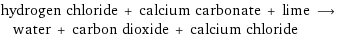 hydrogen chloride + calcium carbonate + lime ⟶ water + carbon dioxide + calcium chloride