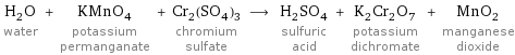 H_2O water + KMnO_4 potassium permanganate + Cr_2(SO_4)_3 chromium sulfate ⟶ H_2SO_4 sulfuric acid + K_2Cr_2O_7 potassium dichromate + MnO_2 manganese dioxide