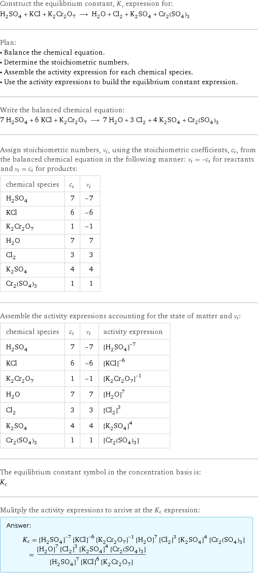 Construct the equilibrium constant, K, expression for: H_2SO_4 + KCl + K_2Cr_2O_7 ⟶ H_2O + Cl_2 + K_2SO_4 + Cr_2(SO_4)_3 Plan: • Balance the chemical equation. • Determine the stoichiometric numbers. • Assemble the activity expression for each chemical species. • Use the activity expressions to build the equilibrium constant expression. Write the balanced chemical equation: 7 H_2SO_4 + 6 KCl + K_2Cr_2O_7 ⟶ 7 H_2O + 3 Cl_2 + 4 K_2SO_4 + Cr_2(SO_4)_3 Assign stoichiometric numbers, ν_i, using the stoichiometric coefficients, c_i, from the balanced chemical equation in the following manner: ν_i = -c_i for reactants and ν_i = c_i for products: chemical species | c_i | ν_i H_2SO_4 | 7 | -7 KCl | 6 | -6 K_2Cr_2O_7 | 1 | -1 H_2O | 7 | 7 Cl_2 | 3 | 3 K_2SO_4 | 4 | 4 Cr_2(SO_4)_3 | 1 | 1 Assemble the activity expressions accounting for the state of matter and ν_i: chemical species | c_i | ν_i | activity expression H_2SO_4 | 7 | -7 | ([H2SO4])^(-7) KCl | 6 | -6 | ([KCl])^(-6) K_2Cr_2O_7 | 1 | -1 | ([K2Cr2O7])^(-1) H_2O | 7 | 7 | ([H2O])^7 Cl_2 | 3 | 3 | ([Cl2])^3 K_2SO_4 | 4 | 4 | ([K2SO4])^4 Cr_2(SO_4)_3 | 1 | 1 | [Cr2(SO4)3] The equilibrium constant symbol in the concentration basis is: K_c Mulitply the activity expressions to arrive at the K_c expression: Answer: |   | K_c = ([H2SO4])^(-7) ([KCl])^(-6) ([K2Cr2O7])^(-1) ([H2O])^7 ([Cl2])^3 ([K2SO4])^4 [Cr2(SO4)3] = (([H2O])^7 ([Cl2])^3 ([K2SO4])^4 [Cr2(SO4)3])/(([H2SO4])^7 ([KCl])^6 [K2Cr2O7])