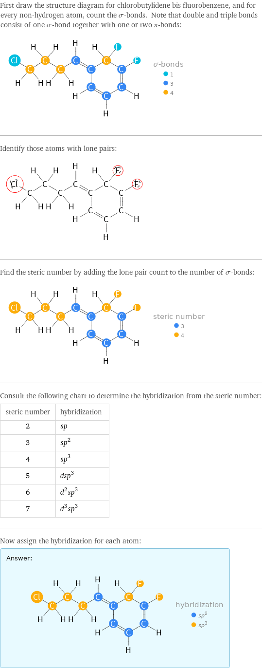 First draw the structure diagram for chlorobutylidene bis fluorobenzene, and for every non-hydrogen atom, count the σ-bonds. Note that double and triple bonds consist of one σ-bond together with one or two π-bonds:  Identify those atoms with lone pairs:  Find the steric number by adding the lone pair count to the number of σ-bonds:  Consult the following chart to determine the hybridization from the steric number: steric number | hybridization 2 | sp 3 | sp^2 4 | sp^3 5 | dsp^3 6 | d^2sp^3 7 | d^3sp^3 Now assign the hybridization for each atom: Answer: |   | 