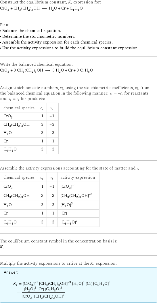 Construct the equilibrium constant, K, expression for: CrO_3 + CH_3(CH_2)_3OH ⟶ H_2O + Cr + C_4H_8O Plan: • Balance the chemical equation. • Determine the stoichiometric numbers. • Assemble the activity expression for each chemical species. • Use the activity expressions to build the equilibrium constant expression. Write the balanced chemical equation: CrO_3 + 3 CH_3(CH_2)_3OH ⟶ 3 H_2O + Cr + 3 C_4H_8O Assign stoichiometric numbers, ν_i, using the stoichiometric coefficients, c_i, from the balanced chemical equation in the following manner: ν_i = -c_i for reactants and ν_i = c_i for products: chemical species | c_i | ν_i CrO_3 | 1 | -1 CH_3(CH_2)_3OH | 3 | -3 H_2O | 3 | 3 Cr | 1 | 1 C_4H_8O | 3 | 3 Assemble the activity expressions accounting for the state of matter and ν_i: chemical species | c_i | ν_i | activity expression CrO_3 | 1 | -1 | ([CrO3])^(-1) CH_3(CH_2)_3OH | 3 | -3 | ([CH3(CH2)3OH])^(-3) H_2O | 3 | 3 | ([H2O])^3 Cr | 1 | 1 | [Cr] C_4H_8O | 3 | 3 | ([C4H8O])^3 The equilibrium constant symbol in the concentration basis is: K_c Mulitply the activity expressions to arrive at the K_c expression: Answer: |   | K_c = ([CrO3])^(-1) ([CH3(CH2)3OH])^(-3) ([H2O])^3 [Cr] ([C4H8O])^3 = (([H2O])^3 [Cr] ([C4H8O])^3)/([CrO3] ([CH3(CH2)3OH])^3)
